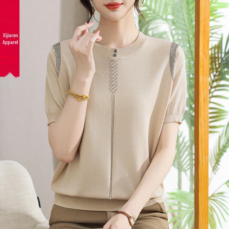 2026 Summer Women's Ice Silk Knit Short Sleeve T-Shirt - Lightweight, Breathable Top for a Cool Season