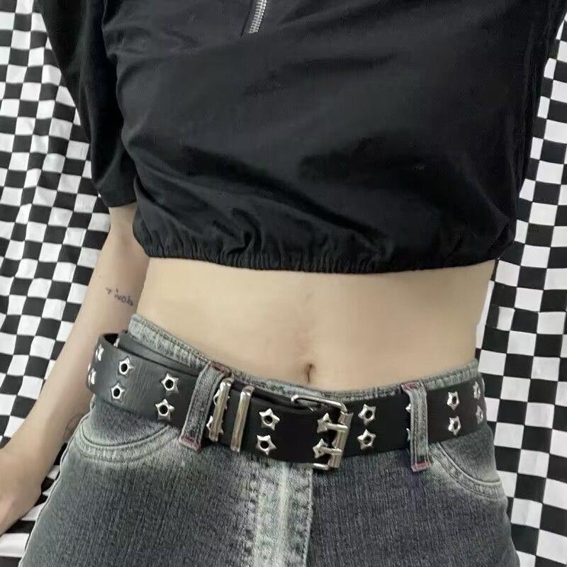 Vintage Hollow Punk Style Casual Double Row Star Studded Buckle Women's Fashion Belt