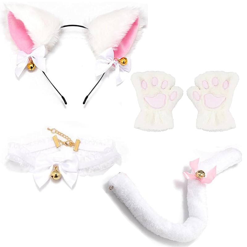 

[GOODCHI] cat ears headband collar paw gloves Tail cute with bell bow knot costume accessories halloween cosplay 4 piece set white