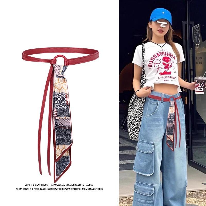 Foulard Vintage Rouge en Soie Ceinture - Ceinture Ruban Hip Hop Punk pour Femme avec Accent Chaîne pour Jeans