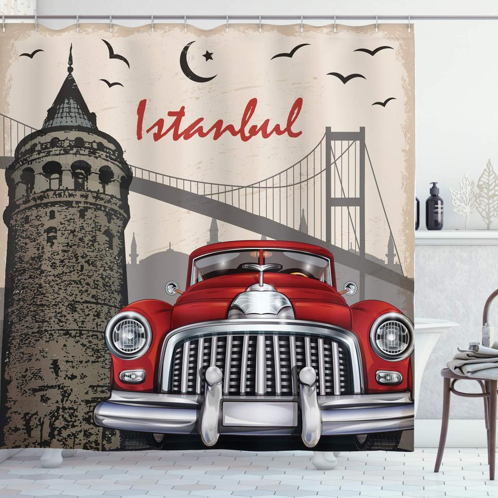 Vintage Car Shower Curtain,Nostalgic Car Garage Service And Repair Store Phrase Dated Faded Waterproof Fabric Bathroom Curtain