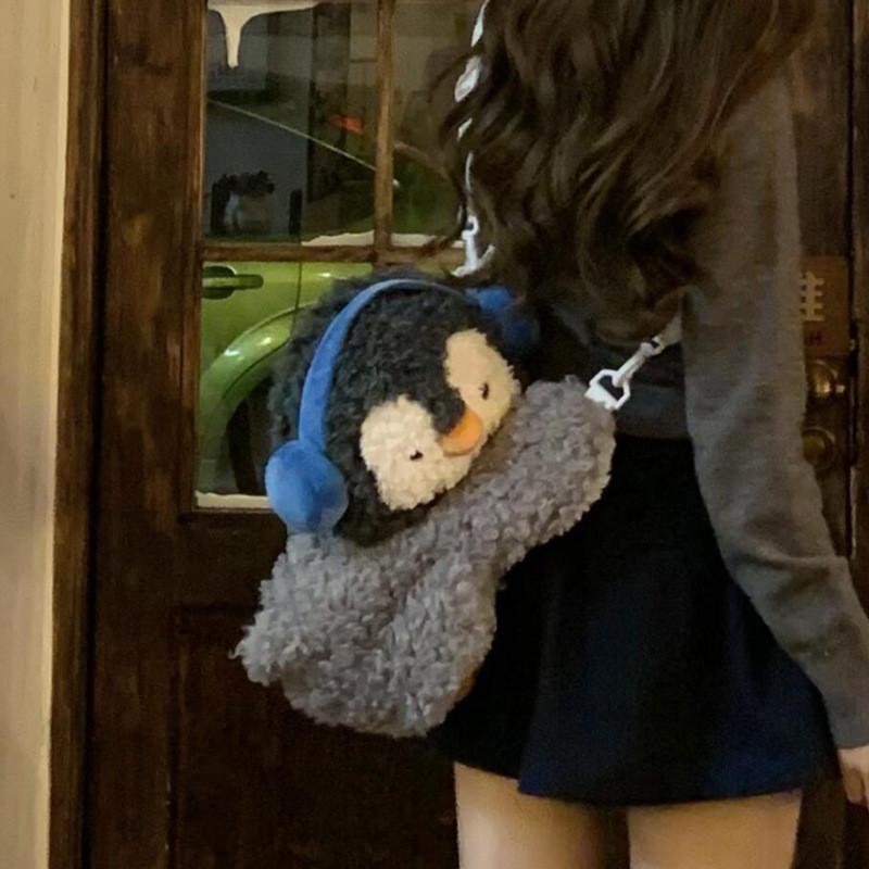 Little Penguin Adorable Plush Crossbody Bag With Open Front Children Pocket