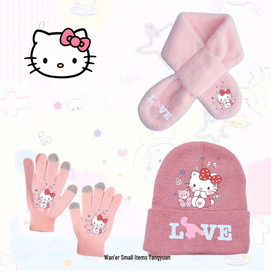 Hello Kitty Knitted Gloves, Hat, and Faux Rabbit Fur Scarf Set