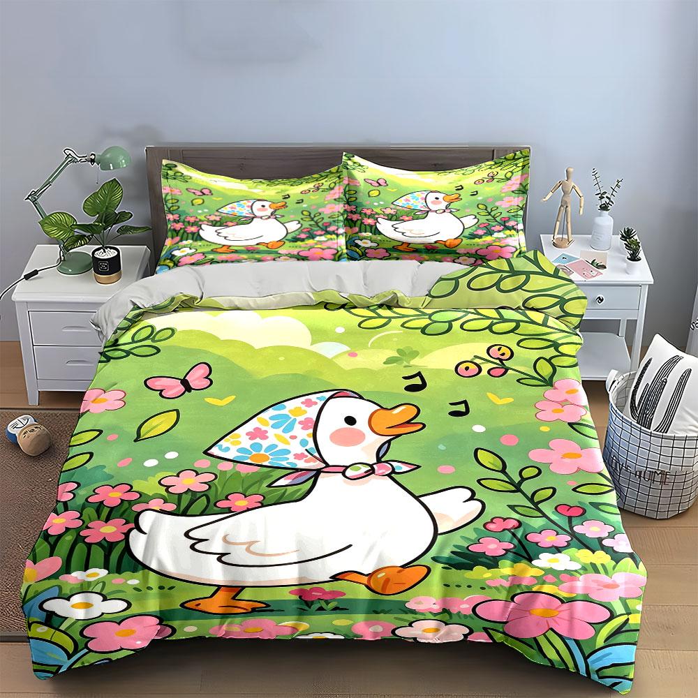 Cartoon Duck Floral Set Summer Multiple Sizes Kid'S And Adults' Bedroom Exquisite 3Pc Bedding Set, Gift