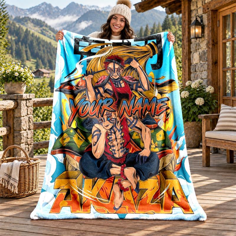 Akaza Demon Slayer Custom Name Flannel Blanket Personalized Soft Warm Plush Throw Blanket Customized Gift for Family Friends