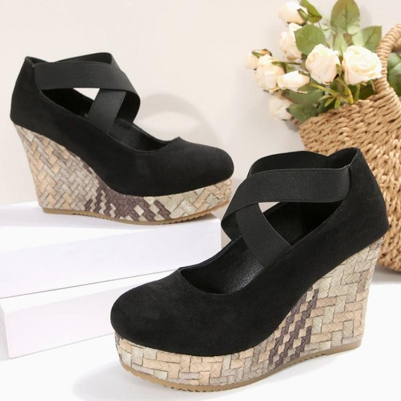 Fashion New Women's Wedges Shoes Spring Autumn Round Head Fashion Platform High Heels Cross with Single Shoes Straw Zapatos De Mujer