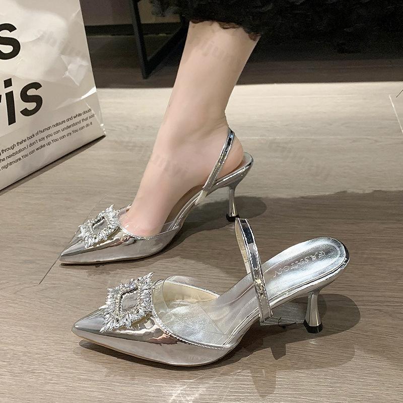 Fashion Luxury High Heels Pumps for Women Summer Fashion Rhinestone Pointed Toe Thin Heeled Sandals Women Slingbacks Party Wedding Shoes