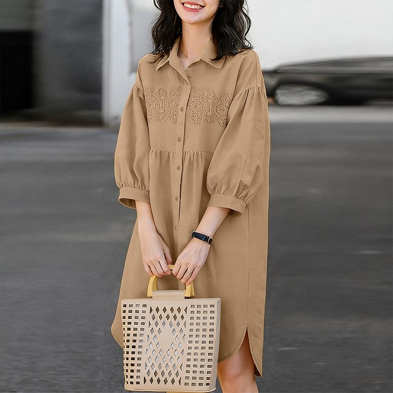 

ZANZEA Women Casual Turn Down Collar 3/4 Sleeve Lace Splice Loose Shirt Dress 5XL хакі