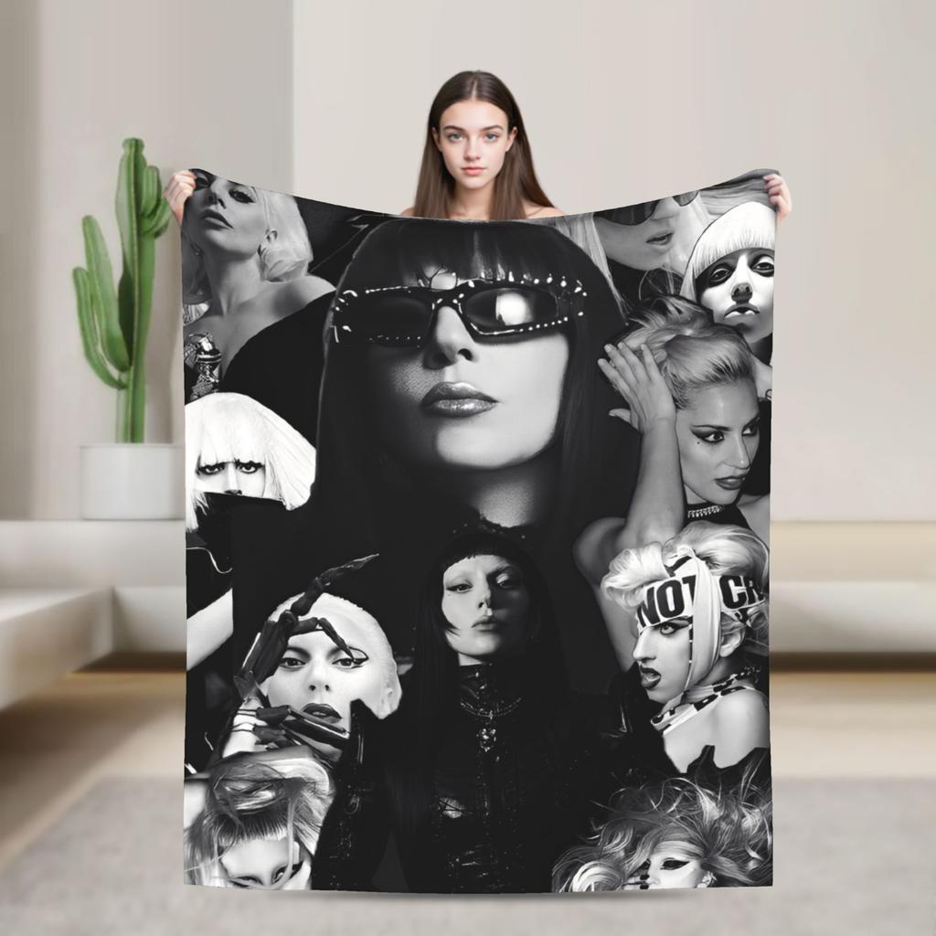 Lady Singer Rock Album Gagas Knitted Fashion Blankets Y2K Tour Flannel Throw Fashion Blanket Rug Piece Ultra-Soft Warm Bedspread Multifuncti
