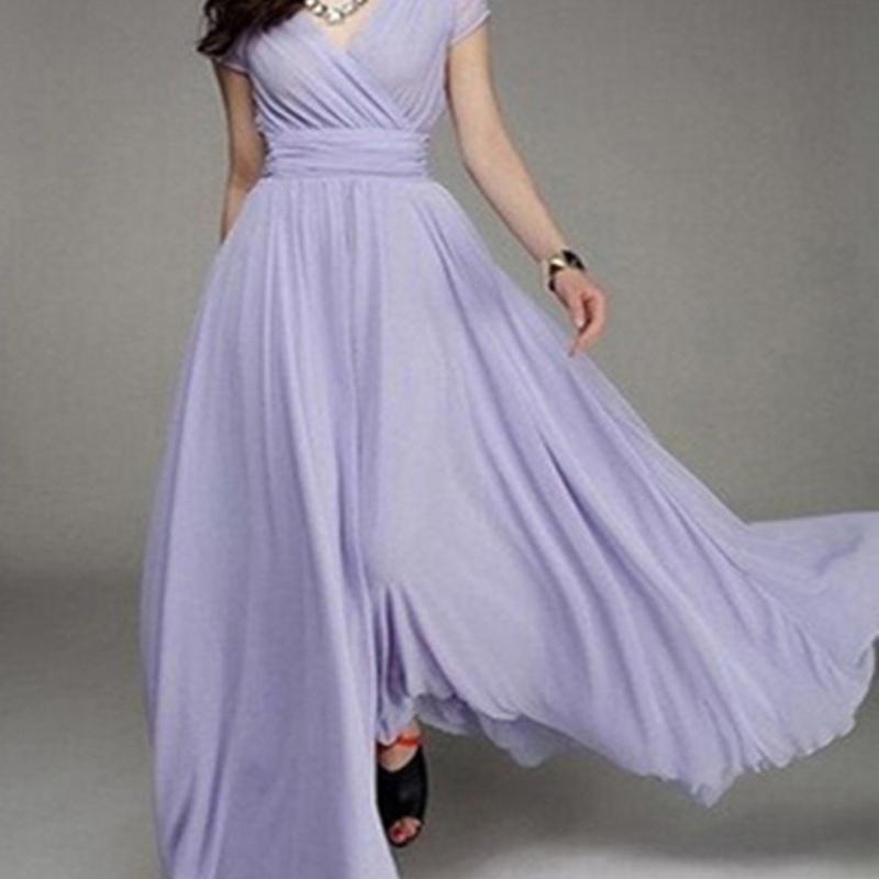 Women's Fashion V Neck Short Sleeve Evening Party Dress Solid Long Cocktail High Waist Summer Dresses