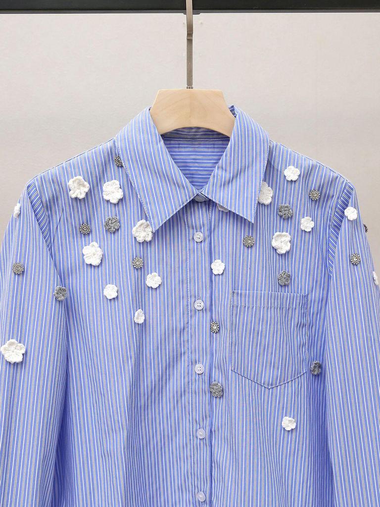 High-End Damen Französisches Herbst Häkel Perlen Gestreiftes Hemd