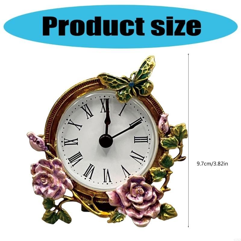 62KD Compact Vintage Desk Clock with Quiet Movement and Metal Florals Butterfly Pattern Decorative Mini Table Clock Gift
