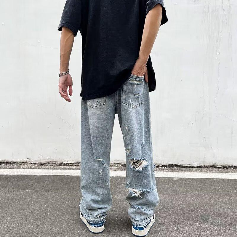 Ripped Jeans Men's European and American Vibe Style Ruffian Handsome Straight Trousers Summer American High Street Ins Retro Pants Tide