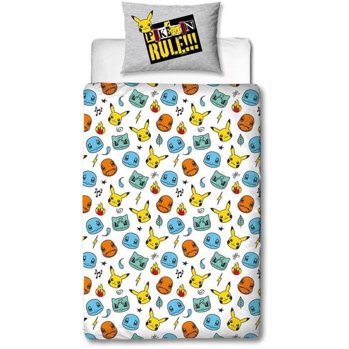 Parure De Lit Réversible - POKEMON - Pikachu Et Starter - Gris - Microfibre - 1 Housse De Couette 140 X 200 Cm + 1 Taie 63 X 63 Cm