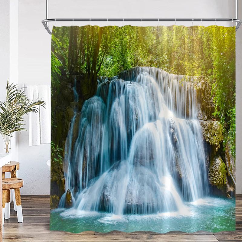 Nature Waterfall Landscape Shower Curtains Forest Lake Crane Lotus Flowers Chinese Style Scenery Home Bathroom Curtain Decor Set