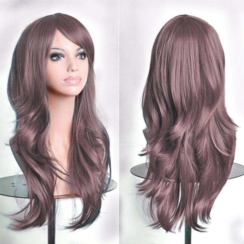 Soowee 70cm Lange Synthetische Perücken Rosa Lila Cosplay-Perücke Gewellt Halloween-Kostümhaar Kunsthaar für Damen
