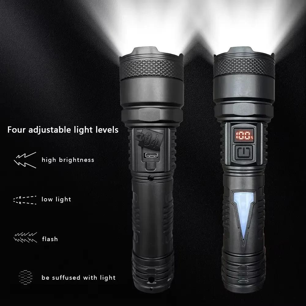 High-power Led Flashlight USB Rechargeable Torch with Display Zoomable Light with Battery Camping Hiking Lantern Emergency Lamp