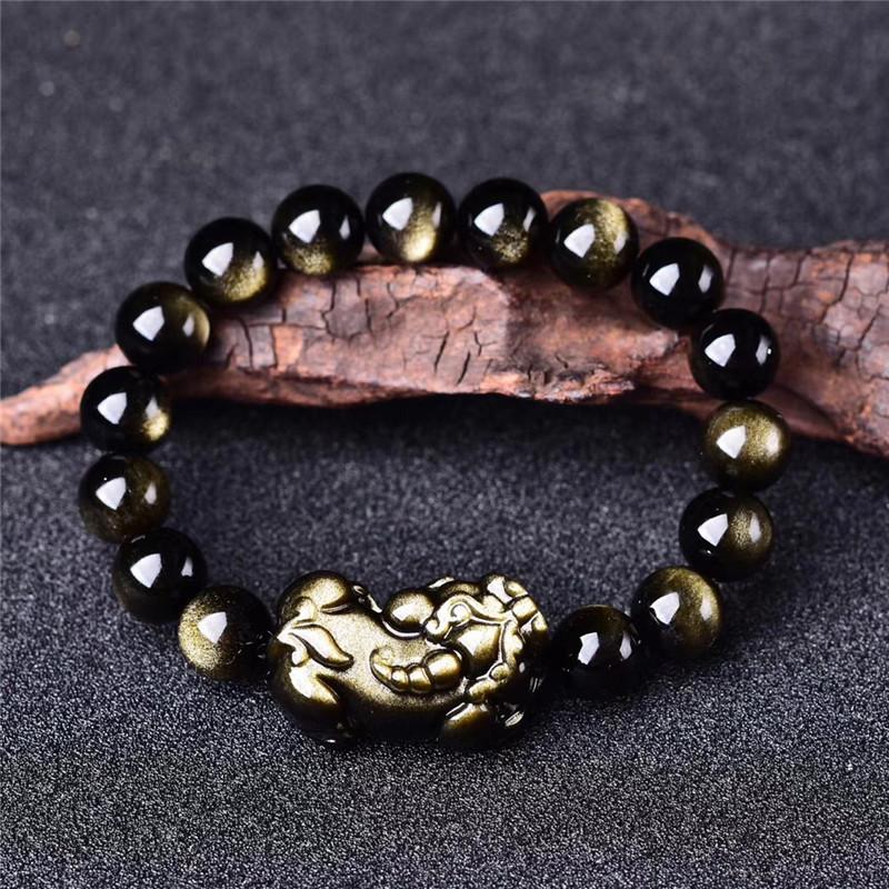 Factory Supply Natural Mexican Black Obsidian and Gold Obsidian Pixiu Fortune Pig Bracelet, Pichu Buddha Bead Crystal Bracelet 12mm Bead Diameter