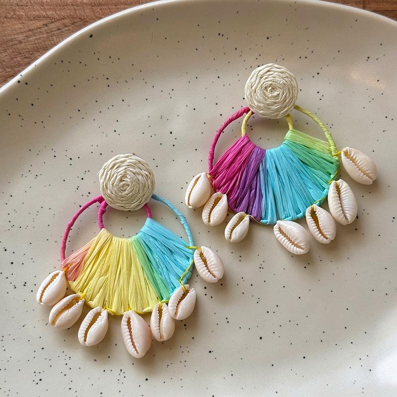 Holiday style silver needle raffia shell pendant earrings sweet small fresh temperament earrings niche high-end earrings