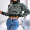 Autumn Winter Women High Neck Long Sleeve Open Navel Stripe Sweater