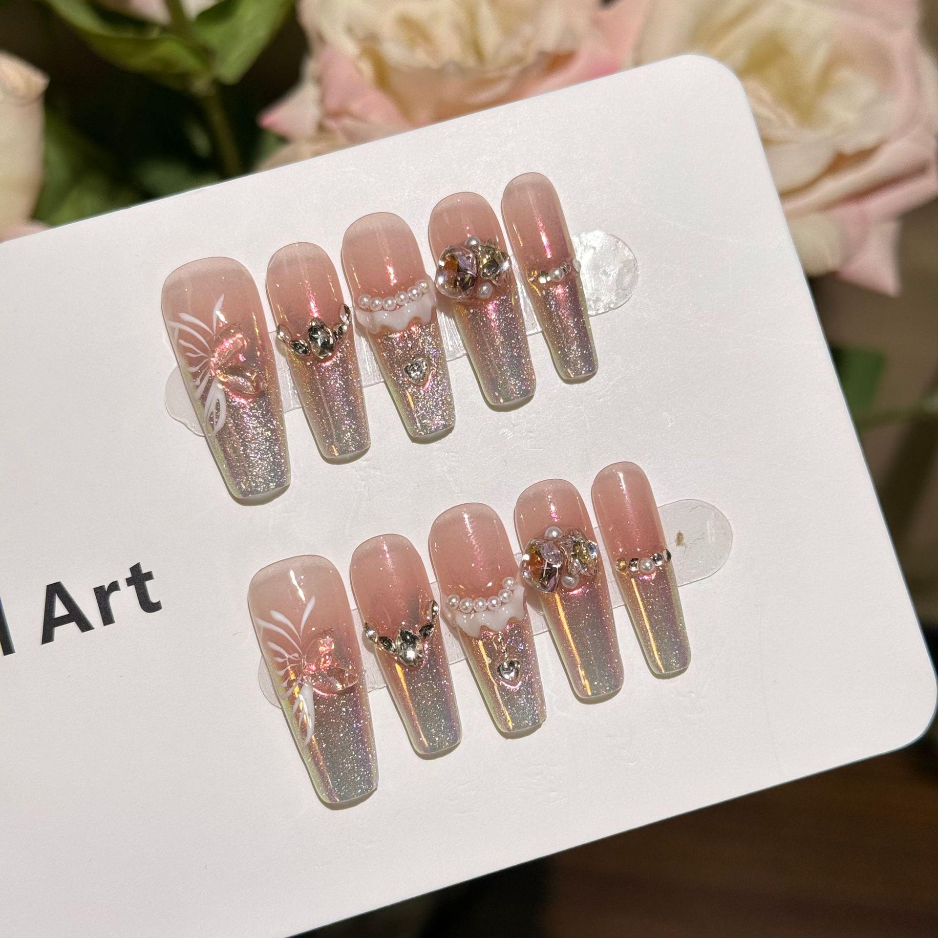 

574 Aurora Pink Glitter Handcrafted Nails with Ruffled Edges and Rhinestone Butterflies Extra Small