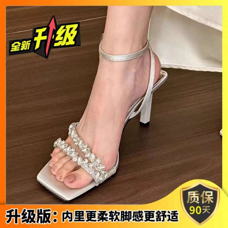 Elingstudio premium open-toed white rhinestone one-word with high-heeled sandals women's summer square-head stilettos