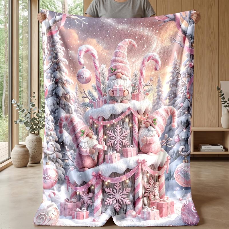 Festive Pink Gnomes with Gifts Theme blanket Lightweight Warm Flannel Blanket Decorative Throw Blanket for Home Decoration