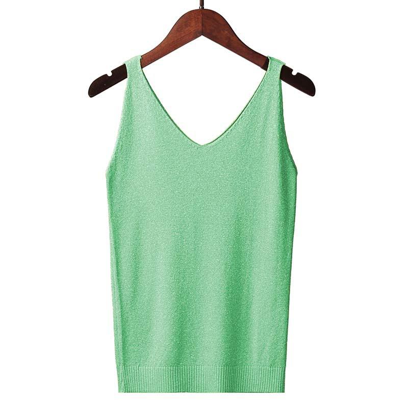Women Summer Sexy Slim V-Neck Bright Silk Knitted Sleeveless Vest Top T-Shirt Basic Trend