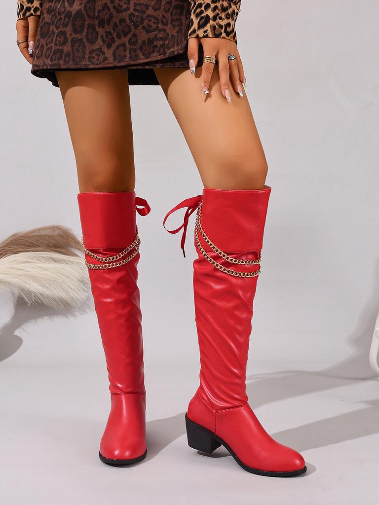 Nowy styl butów jeździeckich damskich na jesień/zimę 2025: retro metalowy łańcuch szpiczasty nosek, gruby obcas, kozaki do kolana