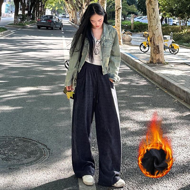 Wide-leg Pants Women's Autumn and Winter New High-waisted Loose Straight-leg Small Casual European Cotton Velvet Pants