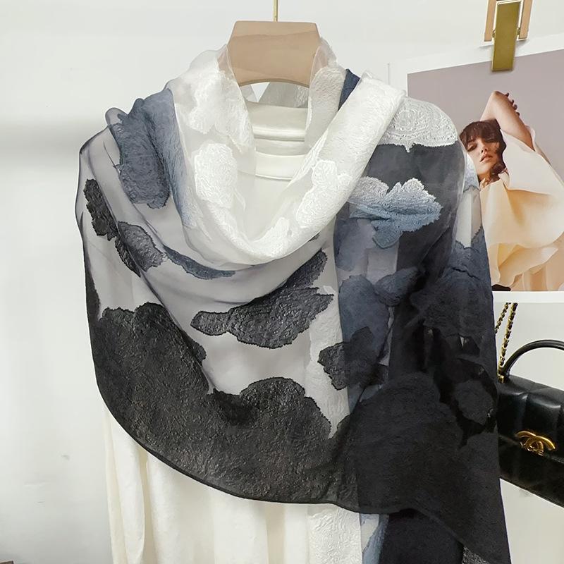 Shawl Scarf Advanced New Gradual Change Flower Long Silk Scarf Yarn Versatile Sunscreen Shawl