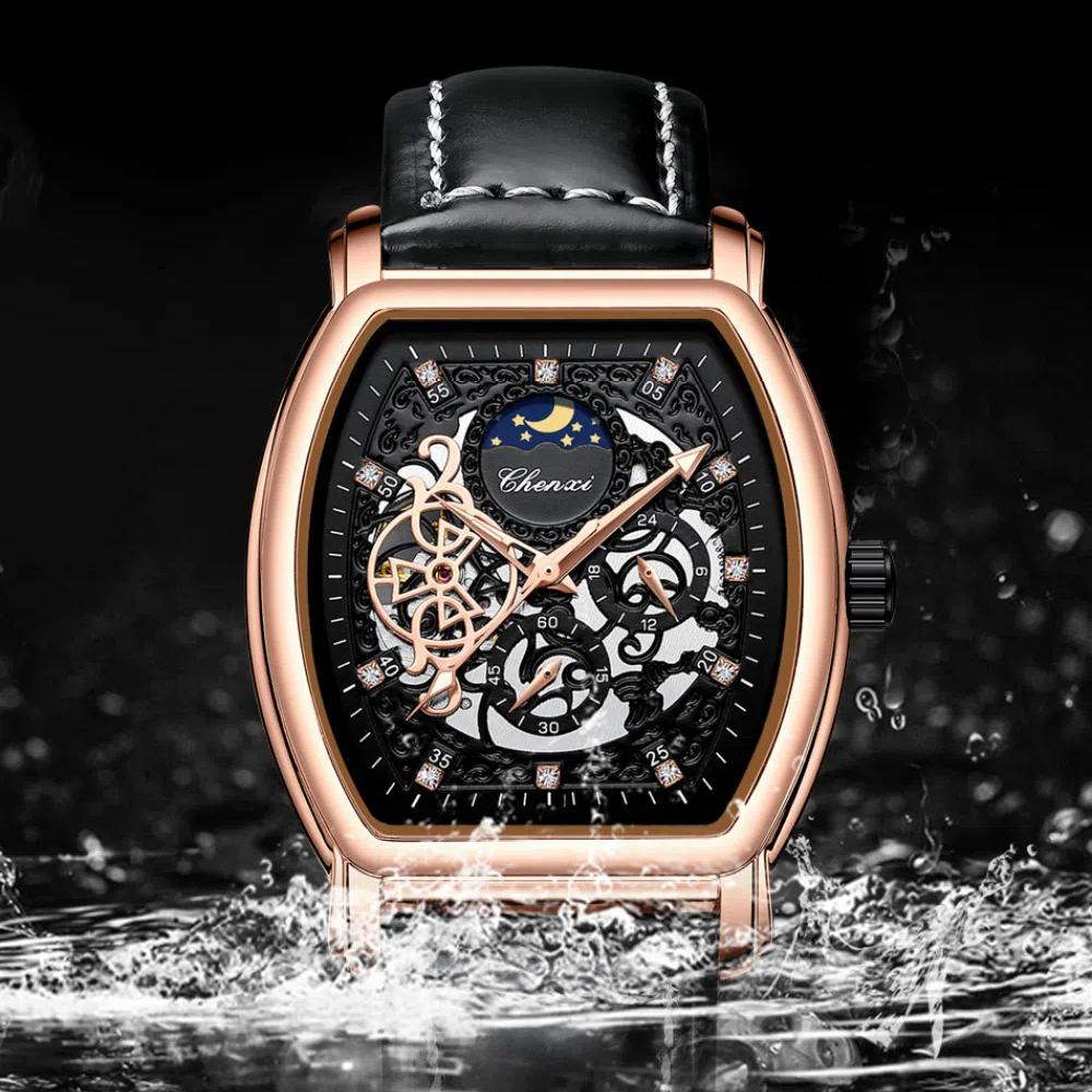 Chenxi Retro Hollow Skeleton Mens Automatic Mechanical Watch Waterproof Moon Phase Tourbillon Watches Luxury Tonneau Business Wristwatch