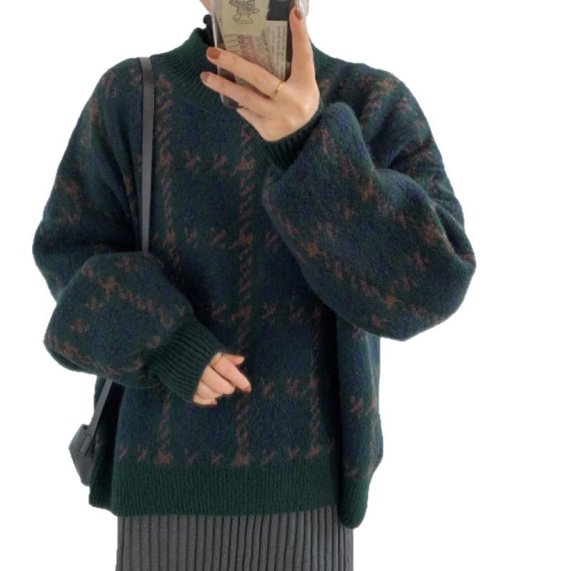 2025 Korean Style Women's Houndstooth Loose Pullover: Retro Knitted Round Neck Sweater for Autumn/Winter
