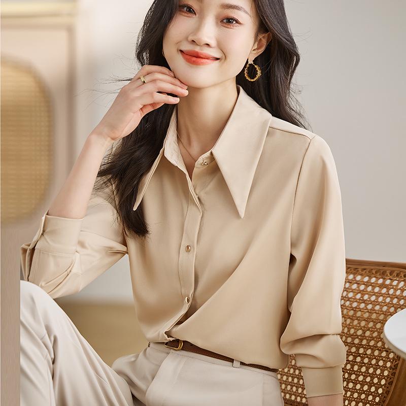 

Women s Long Sleeve White Satin Shirt - Acetate Chiffon, Spring/Autumn Casual Professional Commute Wear 2025 XL