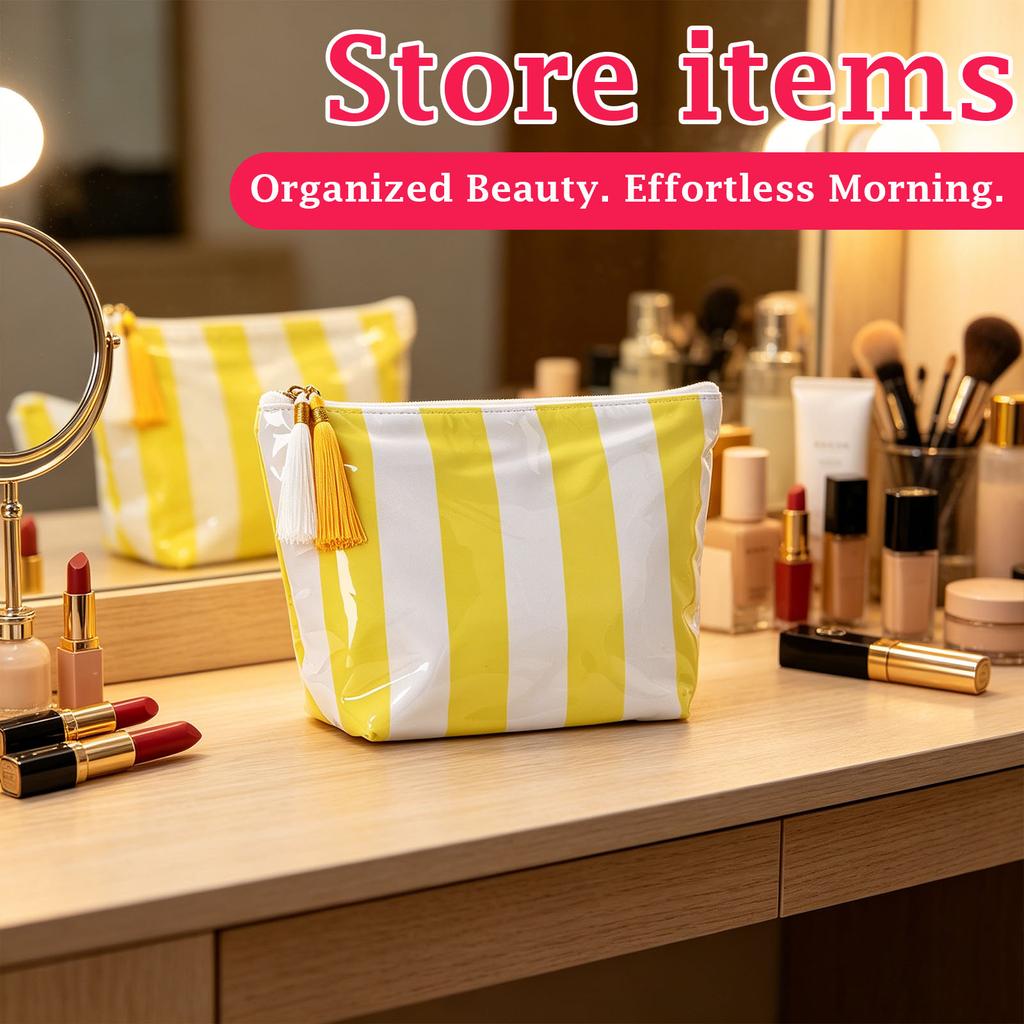 Large Capacity Waterproof PVC Travel Toiletry Bag with Striped Pattern and Tassel Zipper for Makeup Brushes and Accessories Storage Organizer