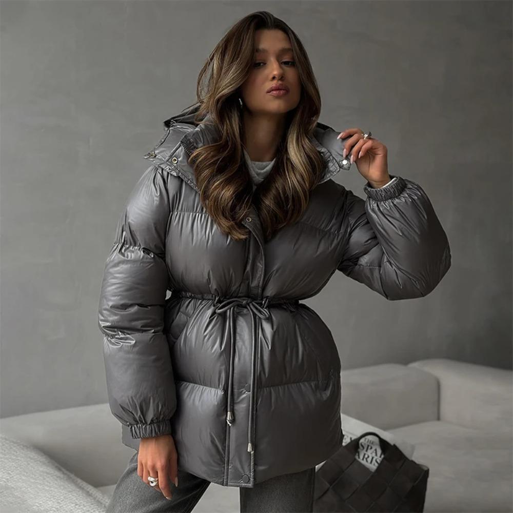 Women's Hooded Down Jacket Drawstring Waist Warm Parker Coat Solid Pocket Zipper Outwear Thicken Long Sleeves Coats