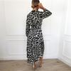 Women Leopard Print V Neck High Waist Irregular Long Sleeve Casual Dress