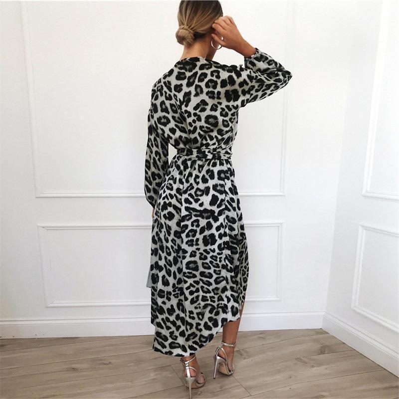 Women Leopard Print V Neck High Waist Irregular Long Sleeve Casual Dress