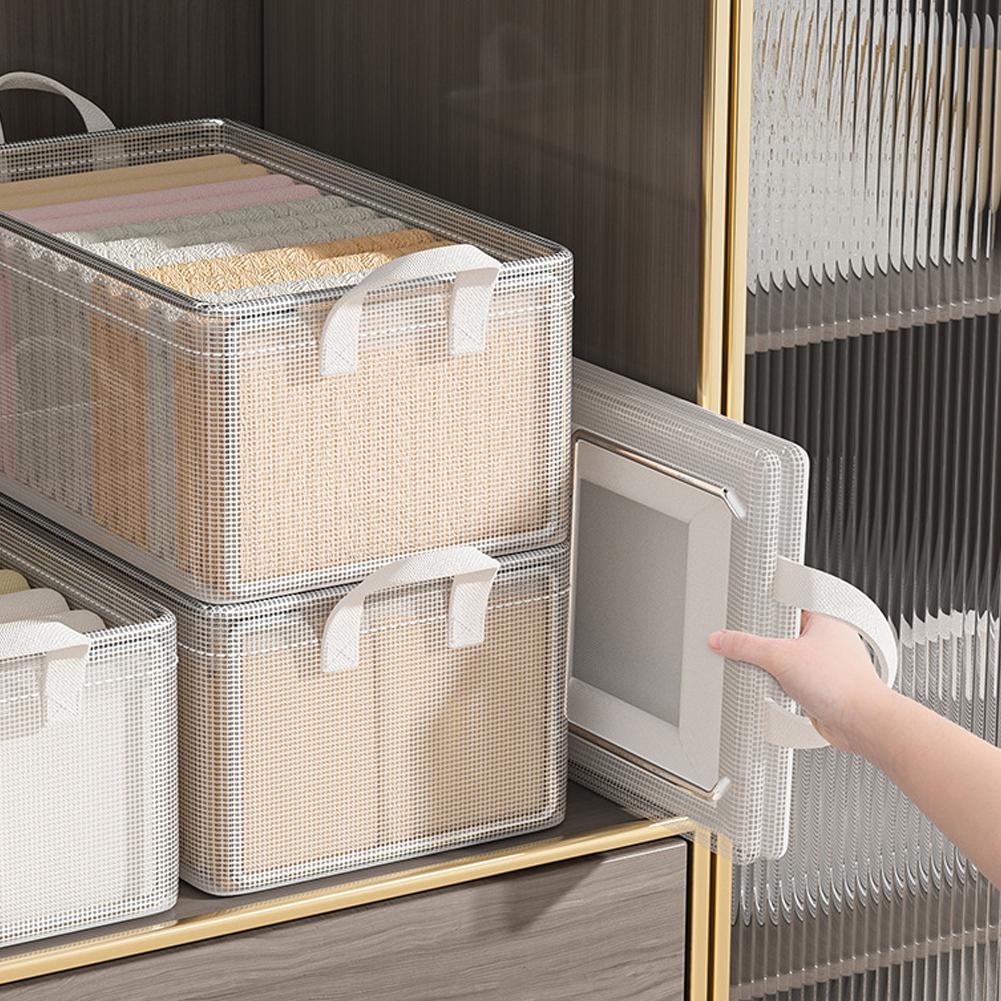 1PCS Storage Box Transparent Foldable Stackable Organizers With Steel Frames And Reinforced Handles For Clothes Books Sundries