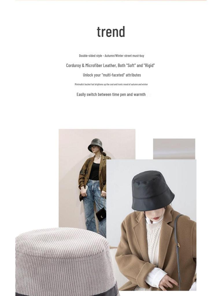 VVC Double-Sided European Style Women's Bucket Hat - Autumn/Winter Knit with PU Leather & Corduroy