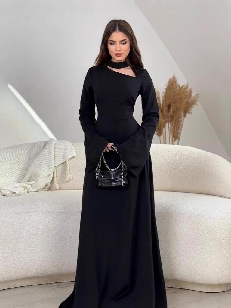 European & American Solid Color Long-Sleeved Slimming Dress for Spring/Autumn