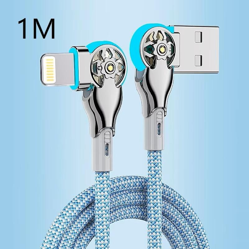 180 Rotatable USB A To Type C Fast Charging Cable 3A Data Sync Braided Cord Zinc Alloy Plug with Light for Android iOS
