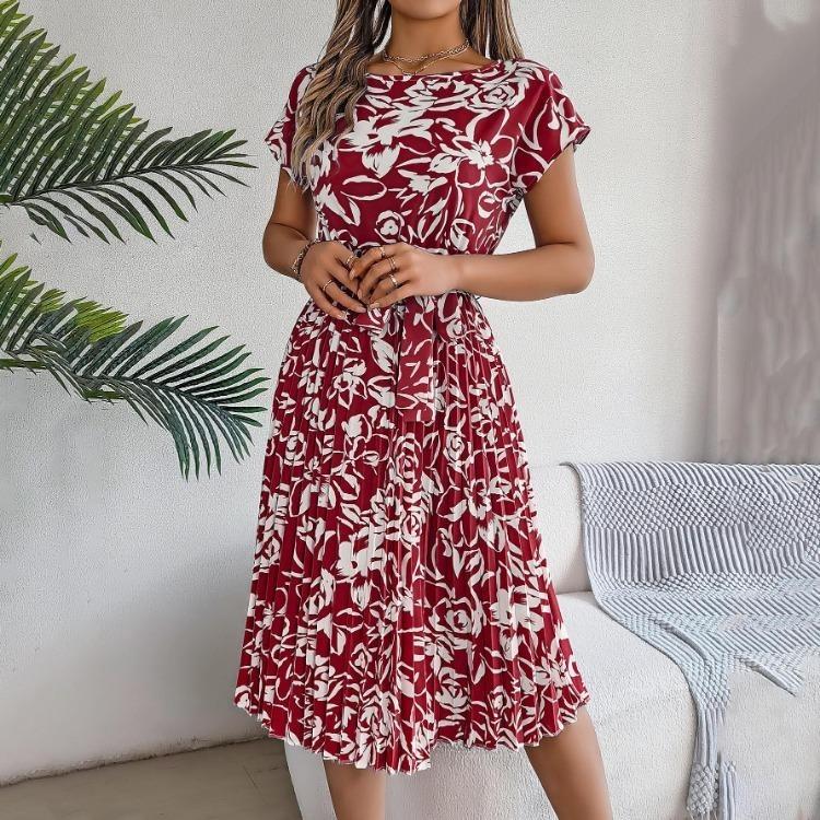 Women Floral Pleated High Waist A Line Long Dress Short Sleeve Spring Summer