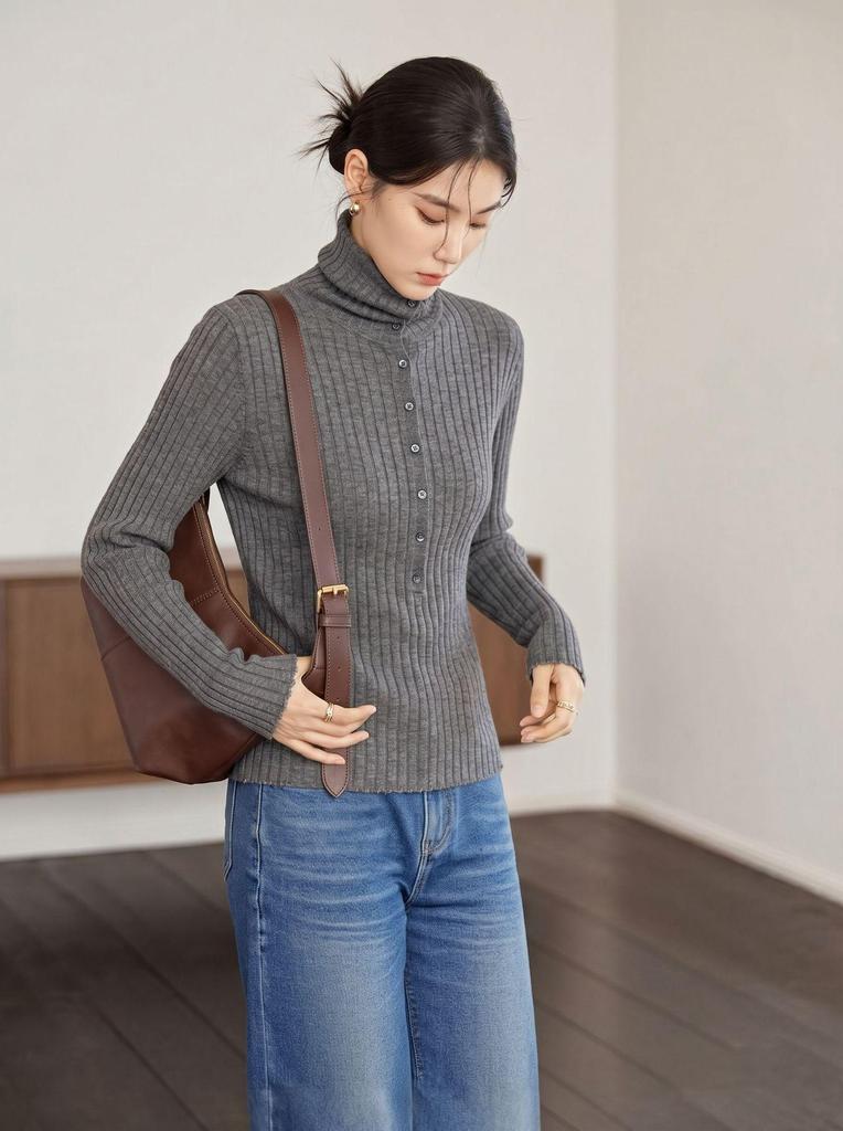 Women's Ribbed High Collar Wool Sweater - Slim Fit Convertible Lapel for Autumn/Winter
