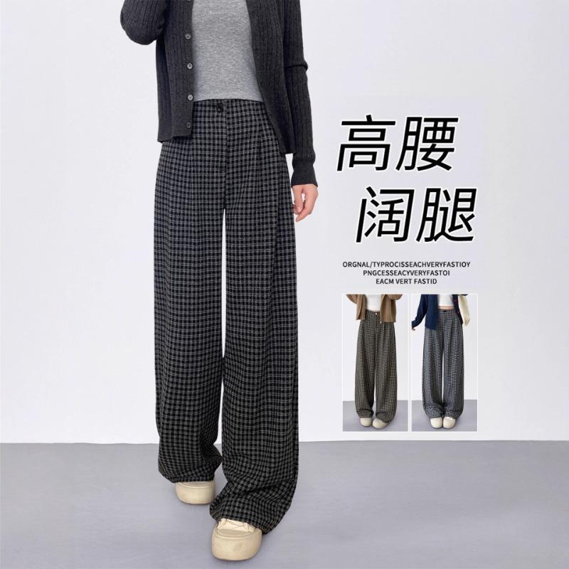 Black Retro Plaid Wide-leg Pants Women's New Autumn Lazy Loose Casual Straight-leg Pants