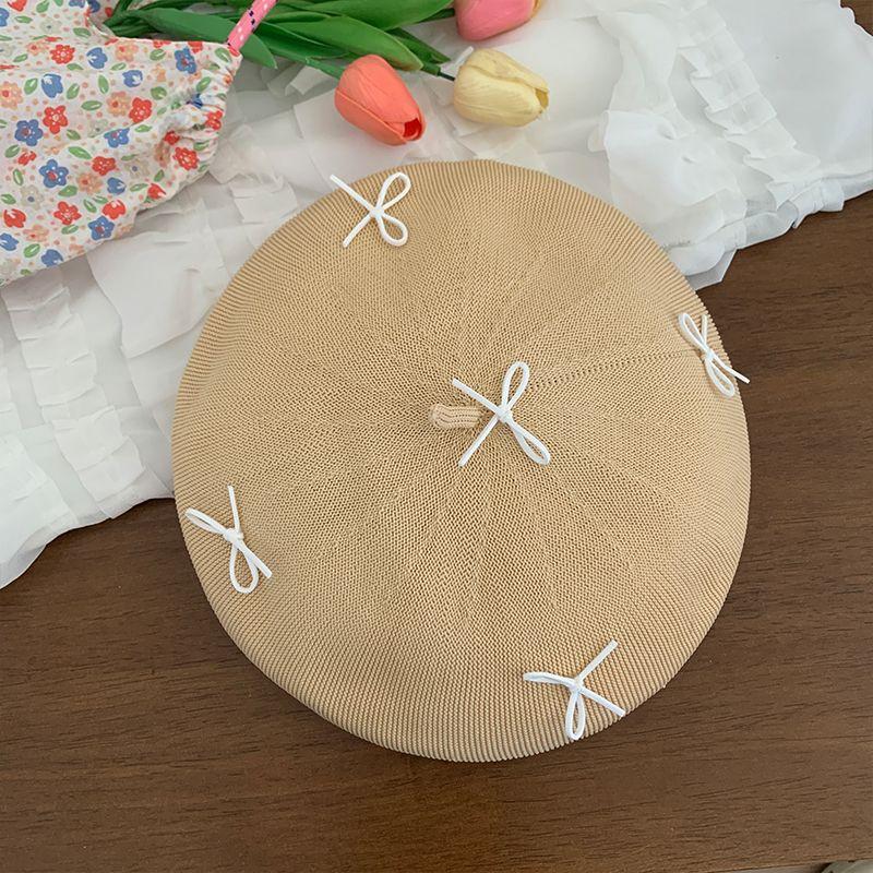 Damen Rote Süße Niedliche Schleife Baskenmütze Sommer Dünn Gestrickt Gehäkelt Gesichtsschlankmachender Künstlerhut