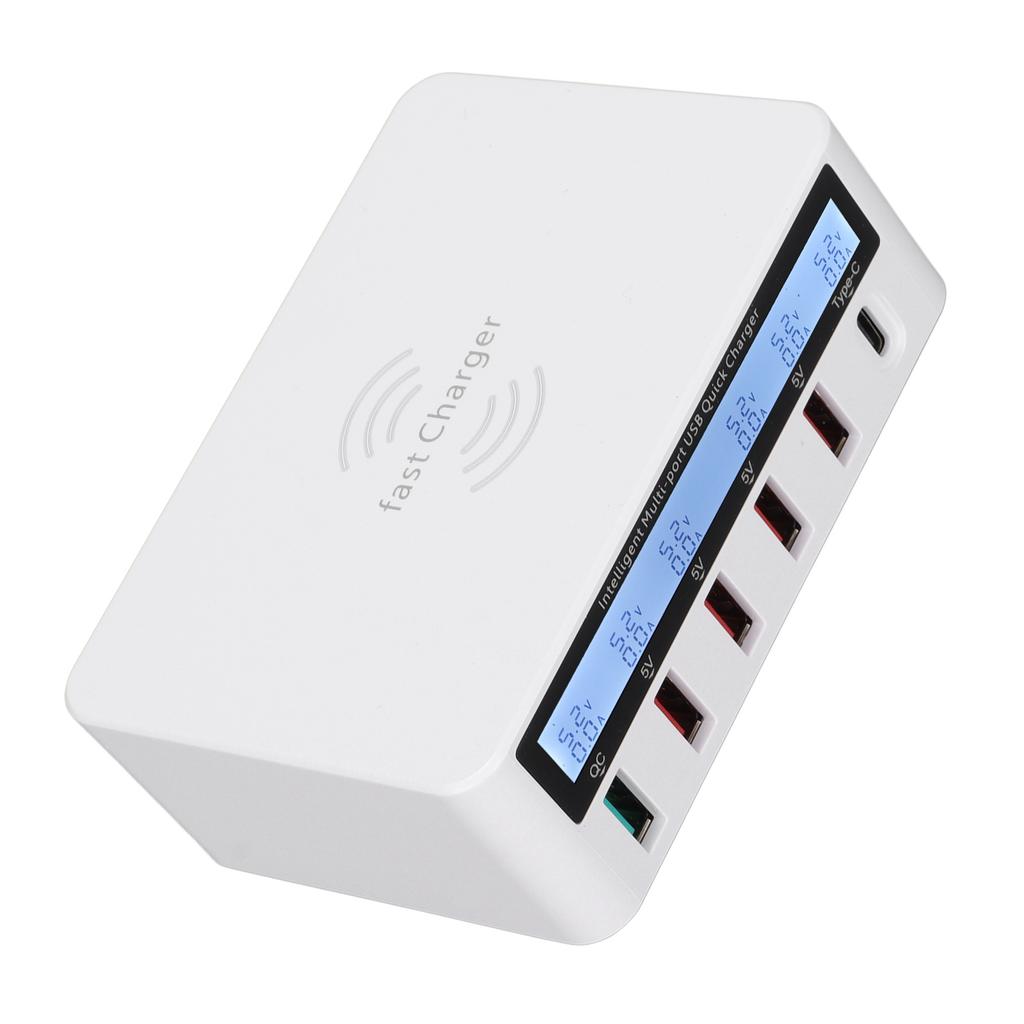 USB Phone Charging Station Block 40W 6 Port QC 3.0 Charging Hub Wireless Charging Base with LCD