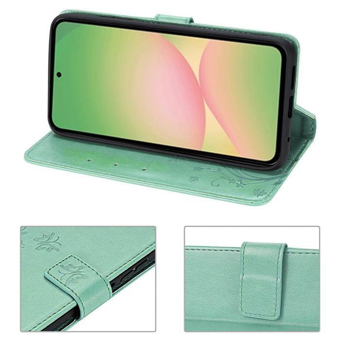 Hülle für Samsung Galaxy A56 5G - BOOLING - Kratzfestes PU-Leder Muster Blume Schmetterling Grün - 2 Panzergläser