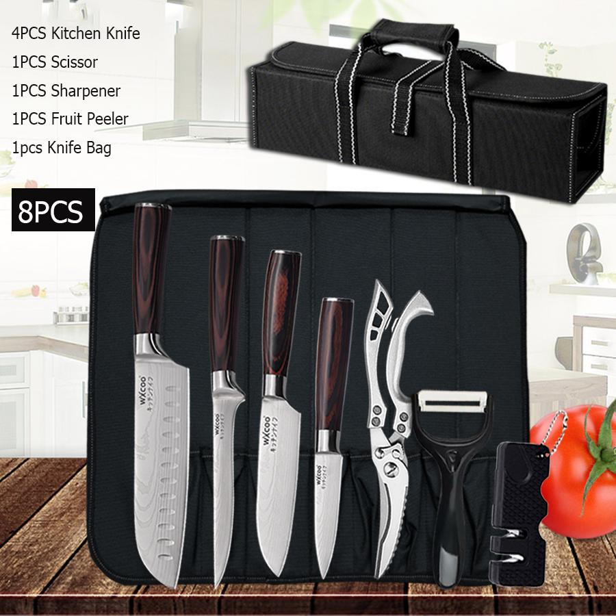 WXCOO Japanese Knife Set with Knife Bag Kitchen Knives Damascus Laser Fish Fillet Meat Cleaver Fruit Peeler Santoku Cutter