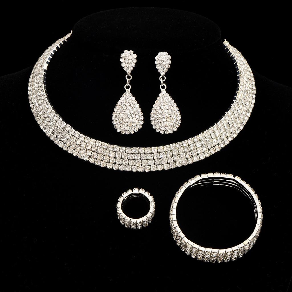Bride's wedding dress - silver four-row necklace, earrings, elastic wristbands, elastic rings - a set of 4 items